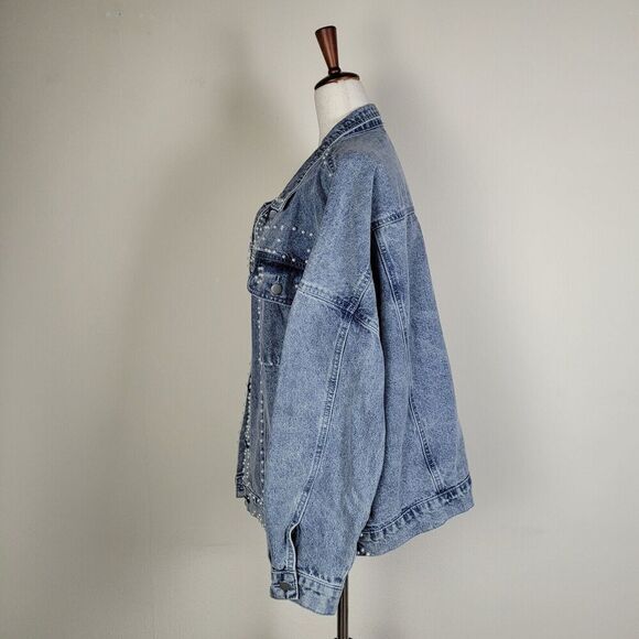 BiBi Jacket Womens Large Blue Denim Trucker Pearls Distressed Button Down NEW - Picture 4 of 7